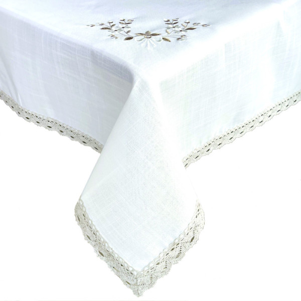 Tablecloth with Beige Embroidery and Lace Trim