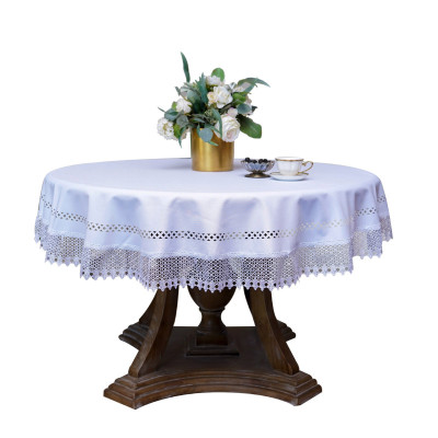 White Round Tablecloth with Geometric Pattern