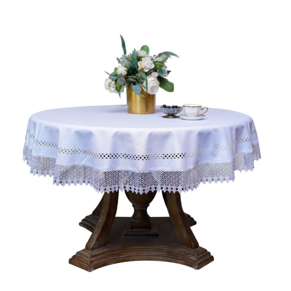 White Round Tablecloth with Geometric Pattern